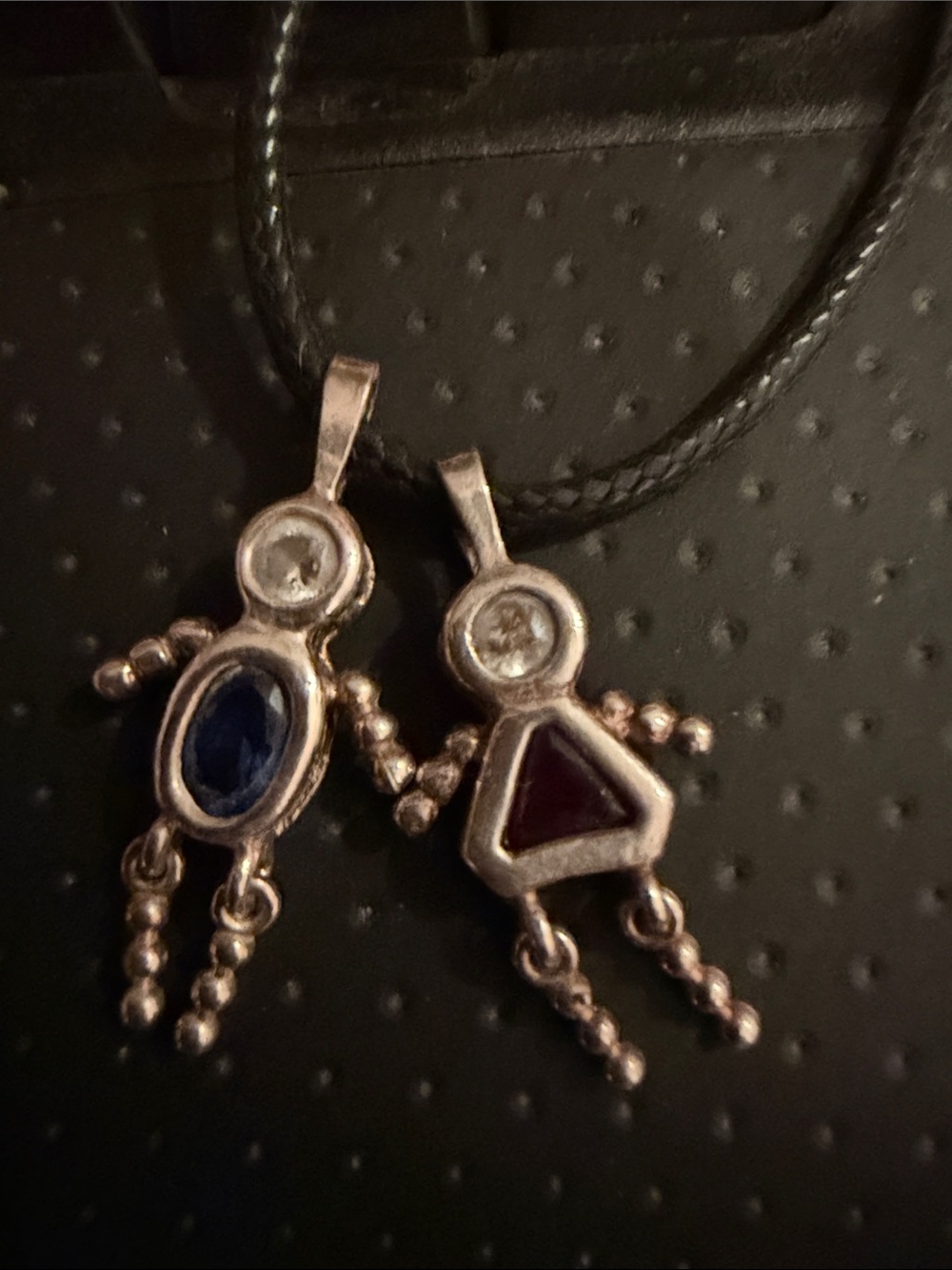 Silver Tone Duo Pendant Necklace with Blue Accent and red accent boy/girl